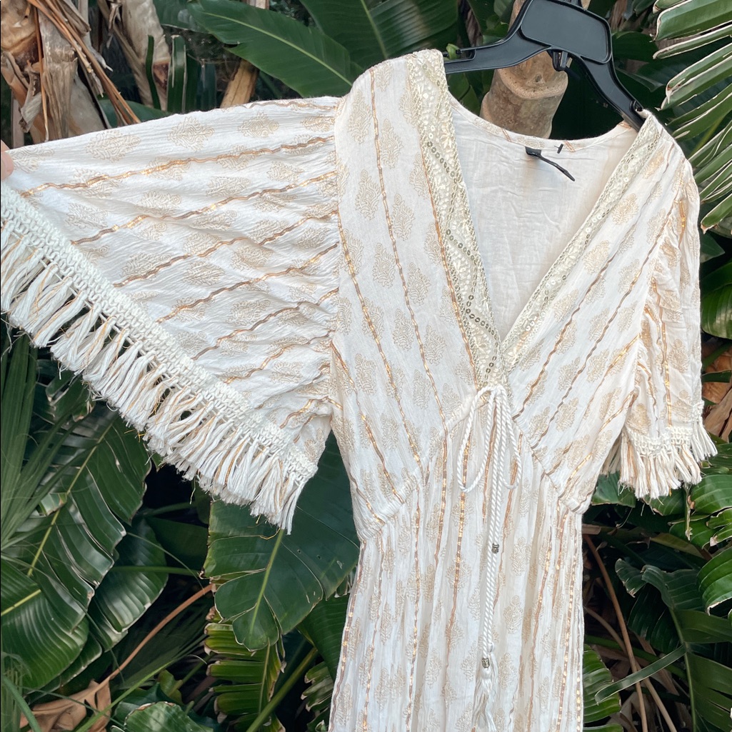 Magic, Gold Block, Print And Stripe Fringe Bohemian Kimono Sleeve Dress